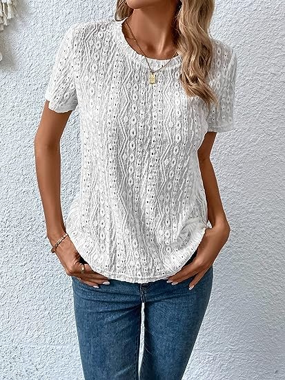 Women's Eyelet Embroidery Short Sleeve Top Shirt Solid Color Crewneck Vintage Casual T-Shirt