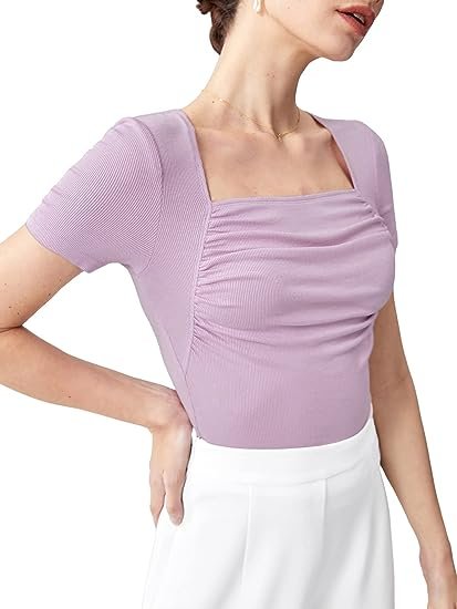 Women's Short Sleeve Square Neck Ruched Tee Top Ribbed Slim Fitted T Shirt