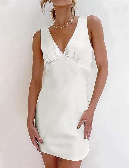 Women's Summer Satin V Neck Sleeveless Backless Tie Waist Dress