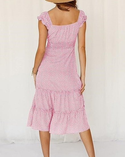 Women's Summer Dresses V Neck Boho Floral Gathered Dress Ruffle Puff Sleeve Dress